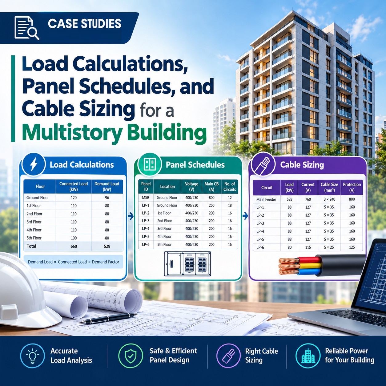 Load Calculations, Panel Schedules, and Cable Sizing for a Multistory Building